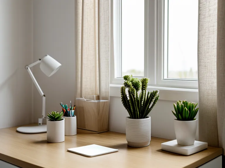 Petite plante verte à côté d'un carnet de notes propre sur un bureau en bois clair.