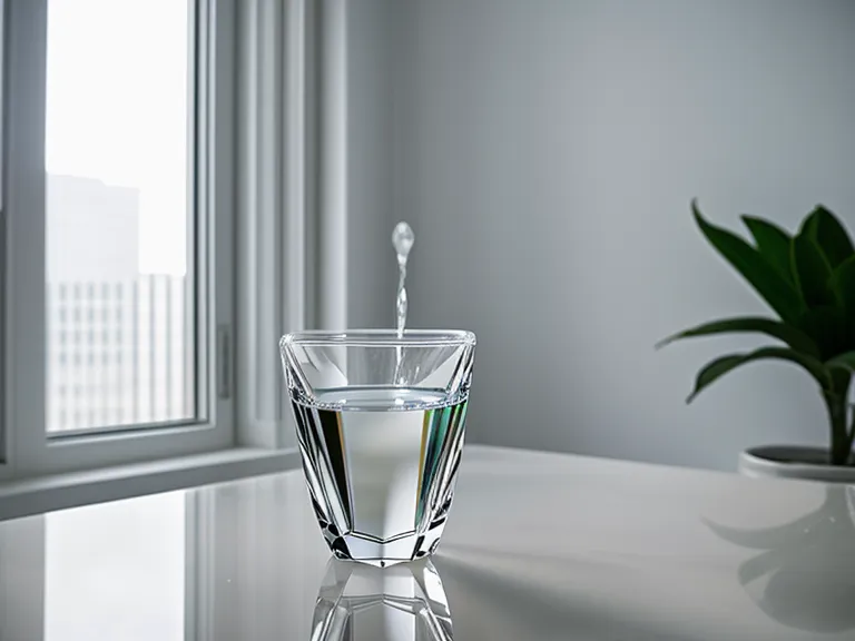 Un verre d'eau limpide sur un bureau, symbolisant la clarté mentale et la simplicité.