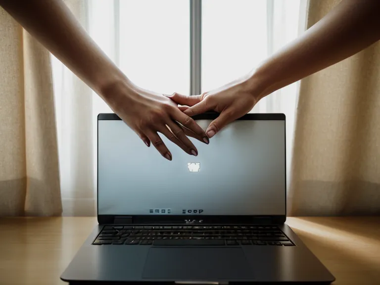 Mains refermant un ordinateur portable sur un bureau ordonné en fin de journée.