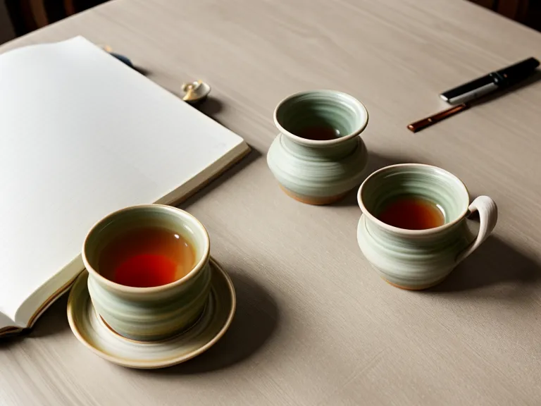 Tasse de thé et carnet sur un bureau en bois clair, image de prise de décision professionnelle sereine