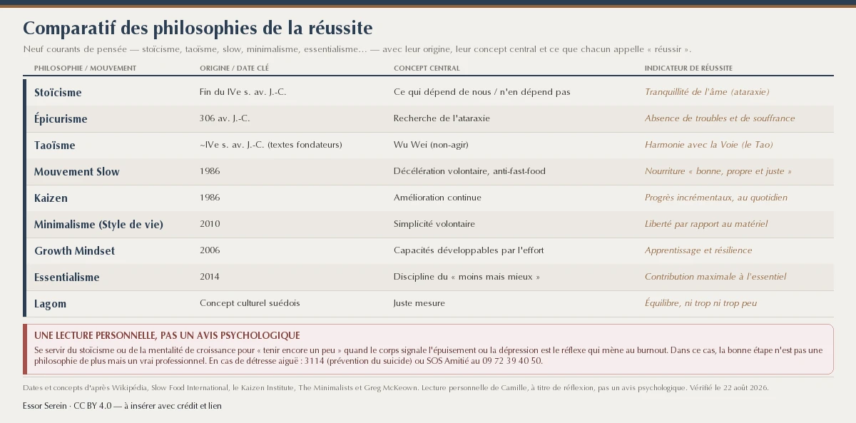 Tableau comparatif de neuf philosophies et mouvements de la réussite — stoïcisme, épicurisme, taoïsme, mouvement slow, kaizen, minimalisme, growth mindset, essentialisme et lagom — avec leur origine ou date clé, leur concept central et l'indicateur de réussite propre à chacun ; c'est une lecture personnelle, pas un avis psychologique.